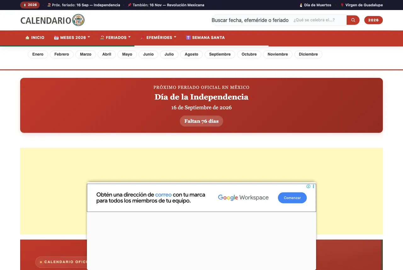 Página web de Calendario de México — Portal de fechas y trámites, proyecto real