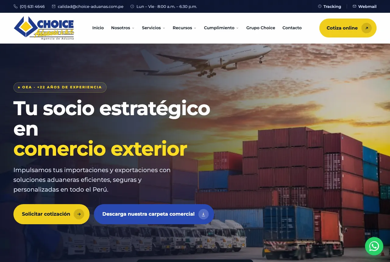 Página web de Choice Aduanas — Agencia aduanal, proyecto real