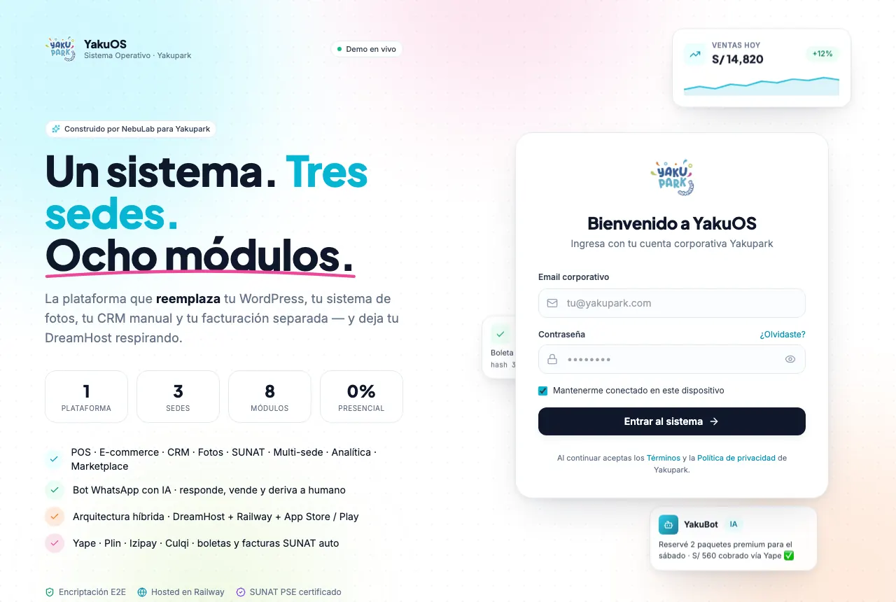 Página web de Yaku Park · Panel — proyecto real de creatupaginaweb.mx