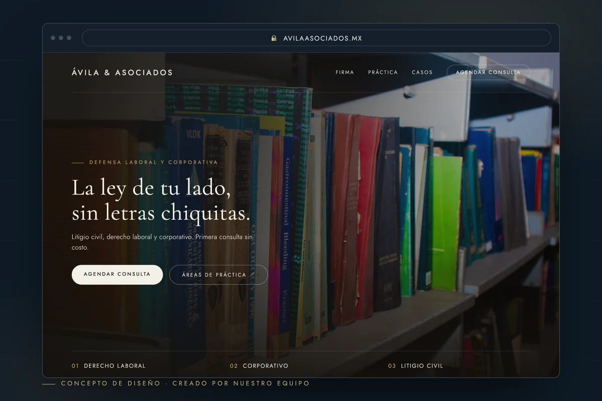 Ejemplo de página web para abogados — concepto de diseño creado por creatupaginaweb.mx