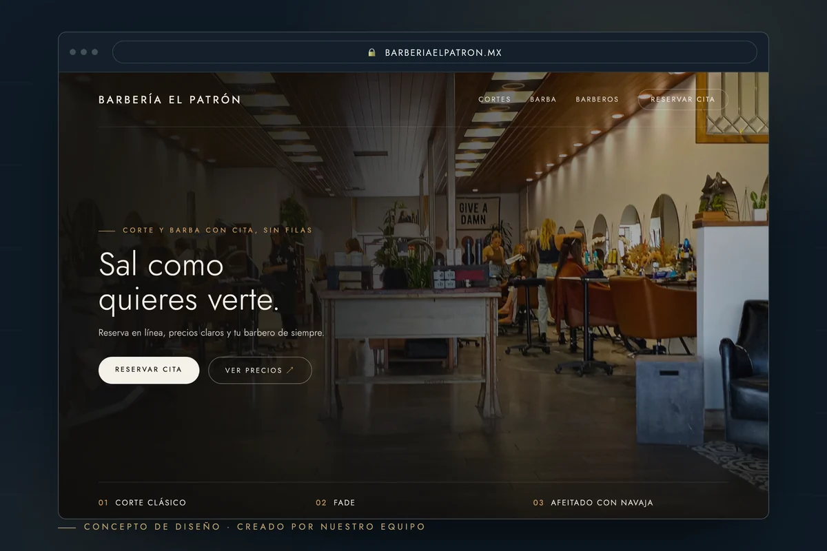 Ejemplo de página web para barbería — concepto de diseño creado por creatupaginaweb.mx