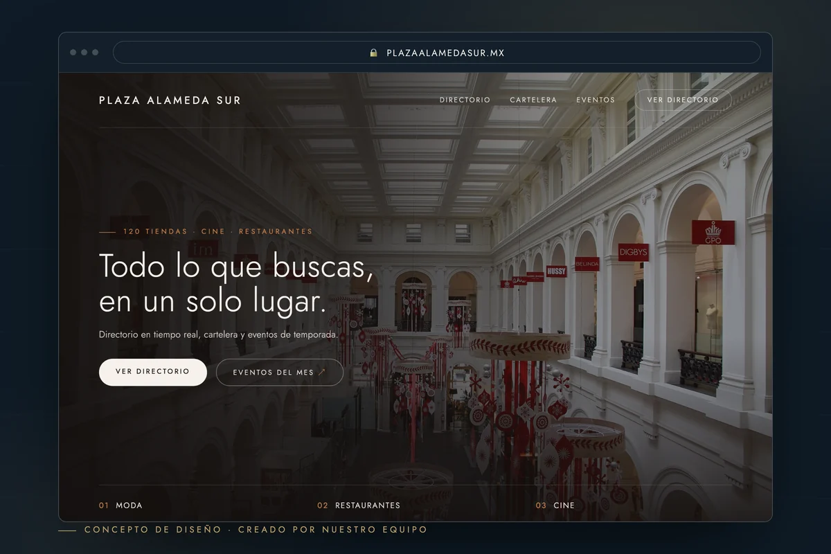 Ejemplo de página web para centro comercial — concepto de diseño creado por creatupaginaweb.mx