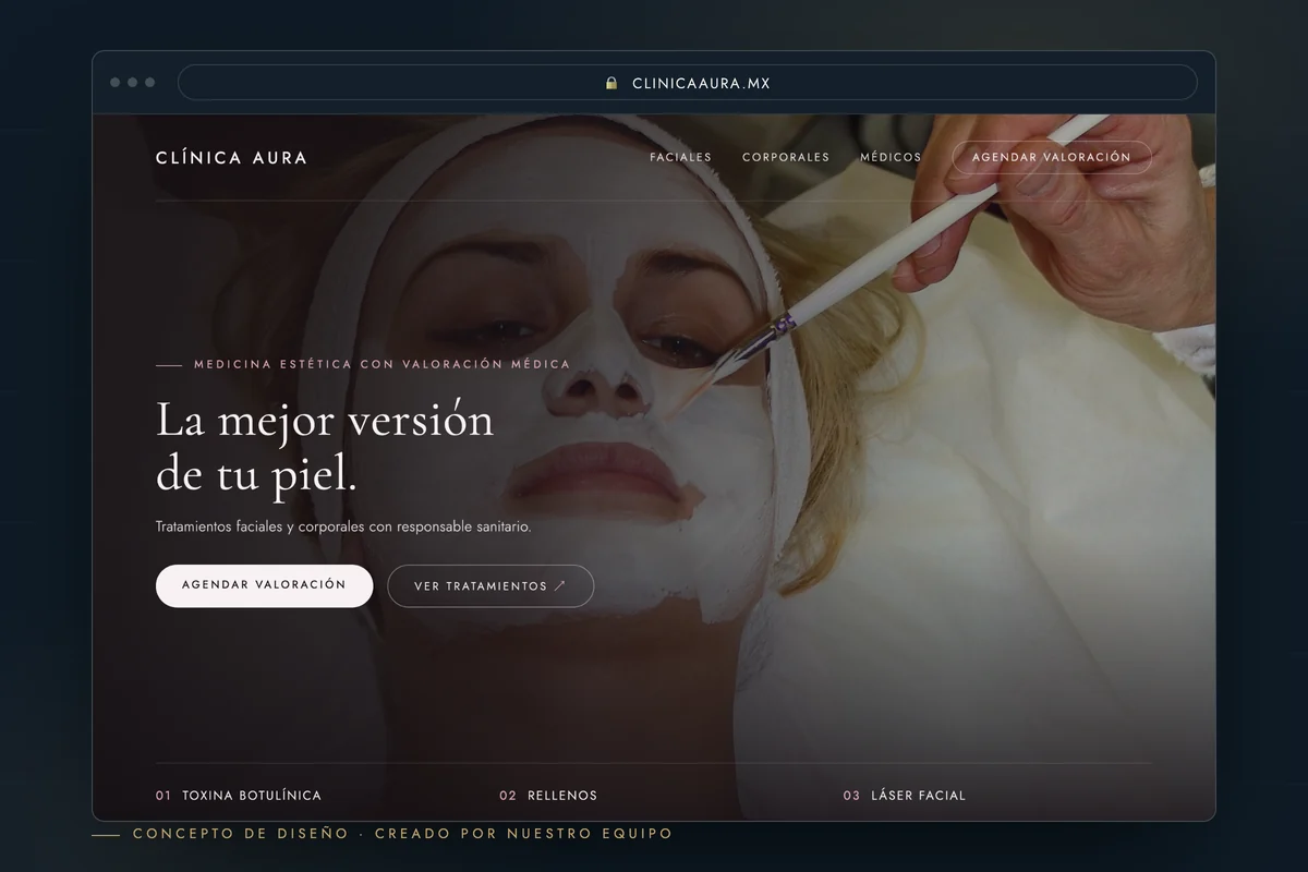 Ejemplo de página web para clínica estética — concepto de diseño creado por creatupaginaweb.mx