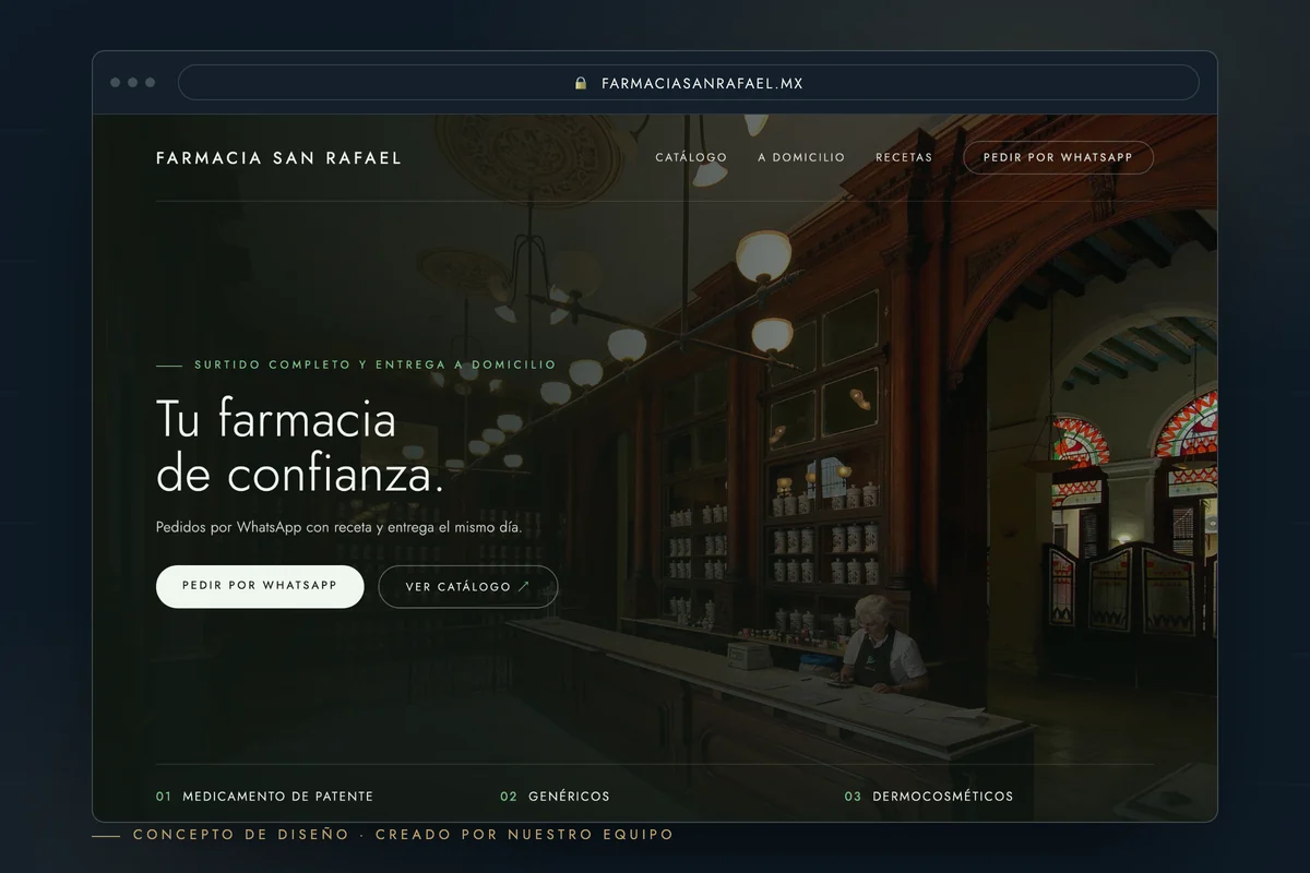 Ejemplo de página web para farmacia — concepto de diseño creado por creatupaginaweb.mx