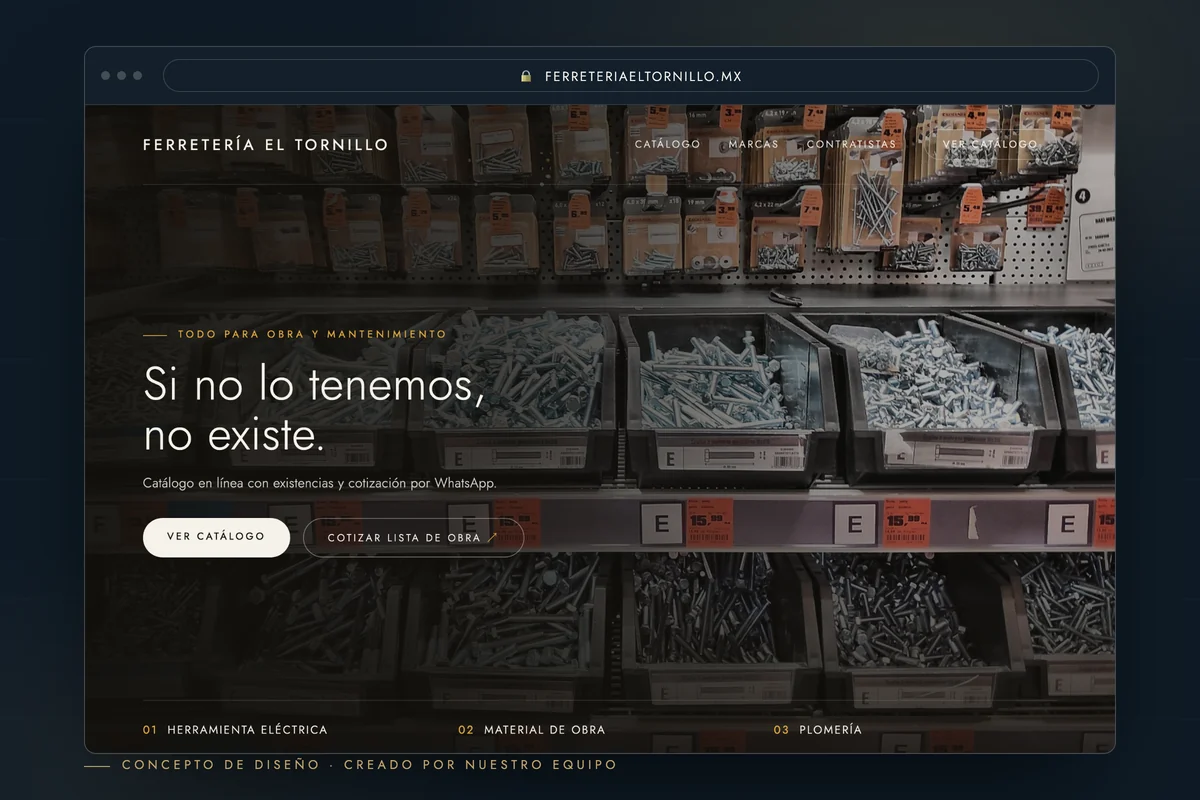 Ejemplo de página web para ferretería — concepto de diseño creado por creatupaginaweb.mx