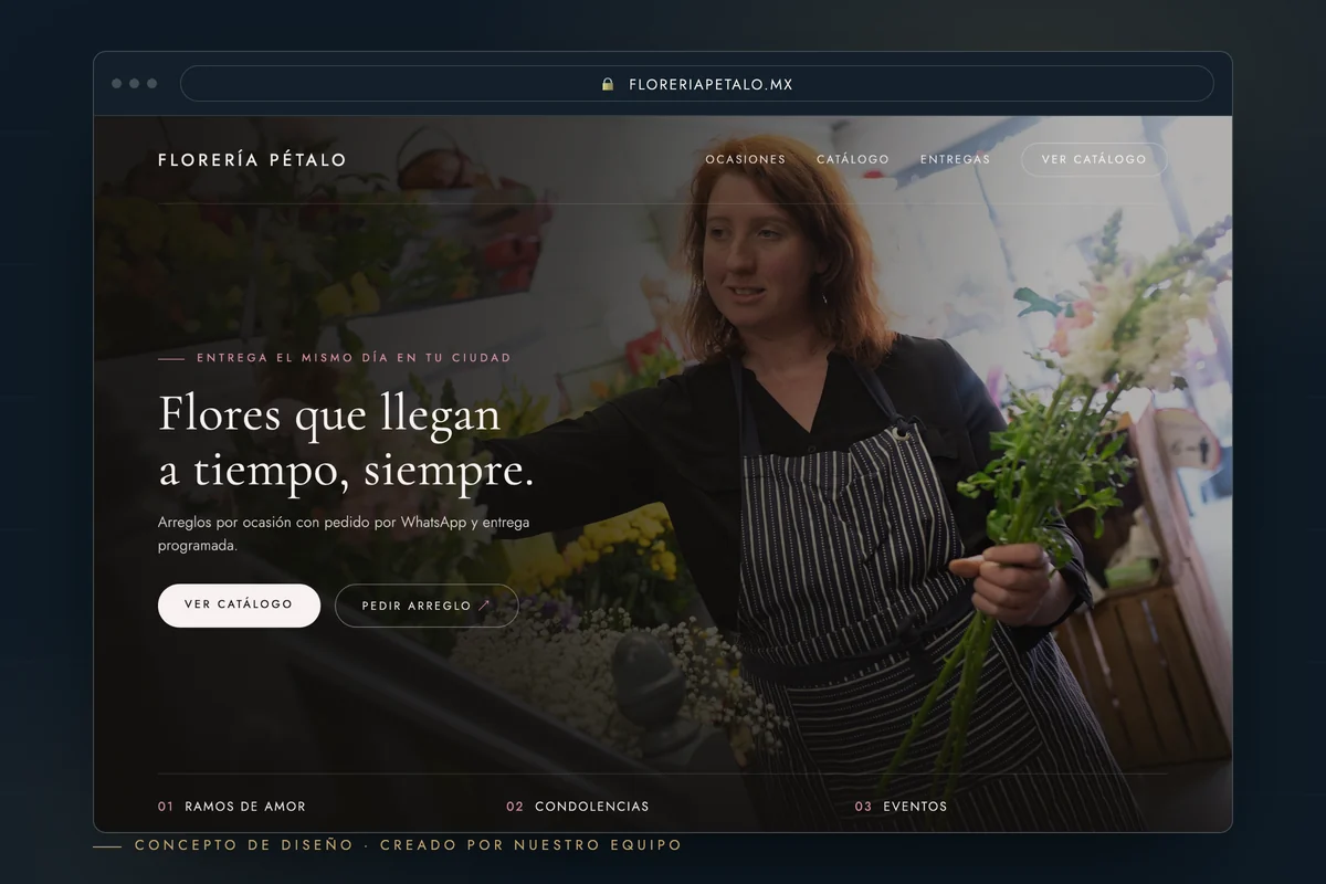 Ejemplo de página web para floristería — concepto de diseño creado por creatupaginaweb.mx
