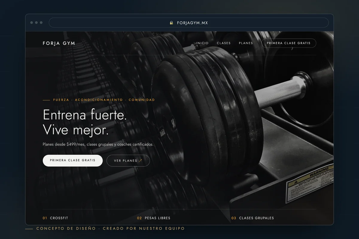 Ejemplo de página web para gimnasio — concepto de diseño creado por creatupaginaweb.mx
