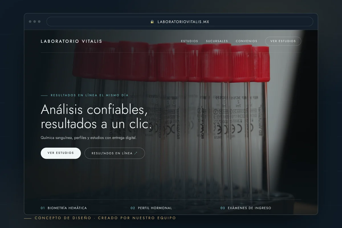 Ejemplo de página web para laboratorio clínico — concepto de diseño creado por creatupaginaweb.mx