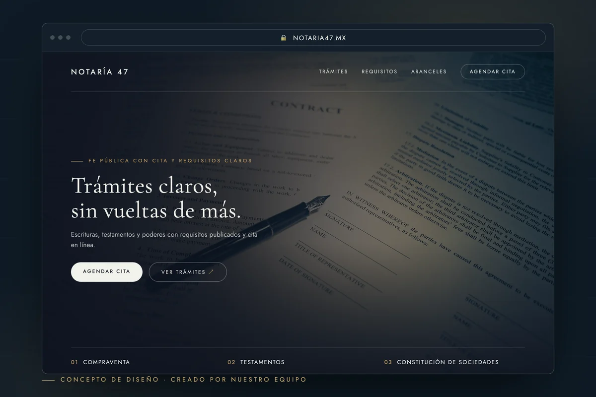 Ejemplo de página web para notaría — concepto de diseño creado por creatupaginaweb.mx