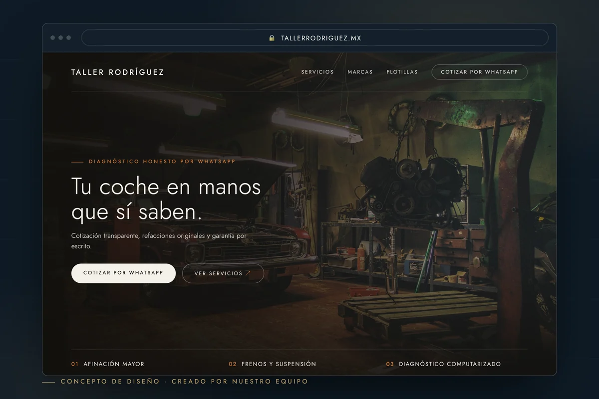 Ejemplo de página web para taller mecánico — concepto de diseño creado por creatupaginaweb.mx