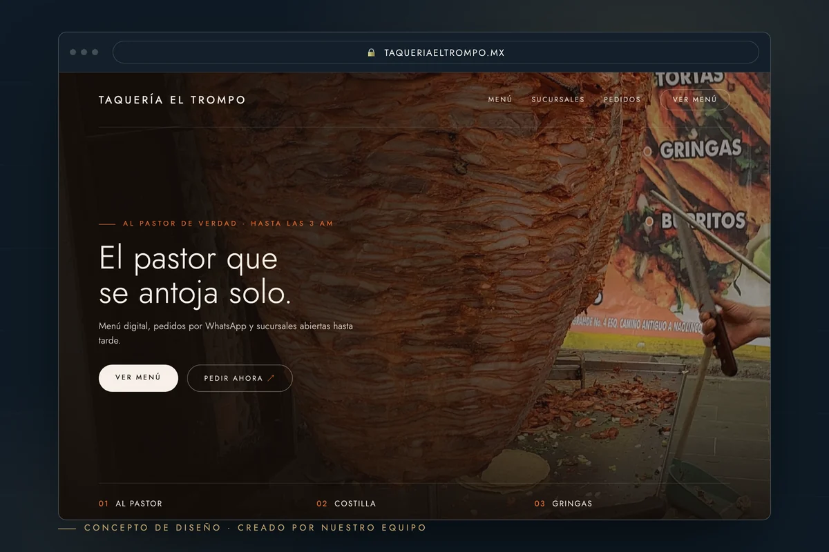 Ejemplo de página web para taquería — concepto de diseño creado por creatupaginaweb.mx