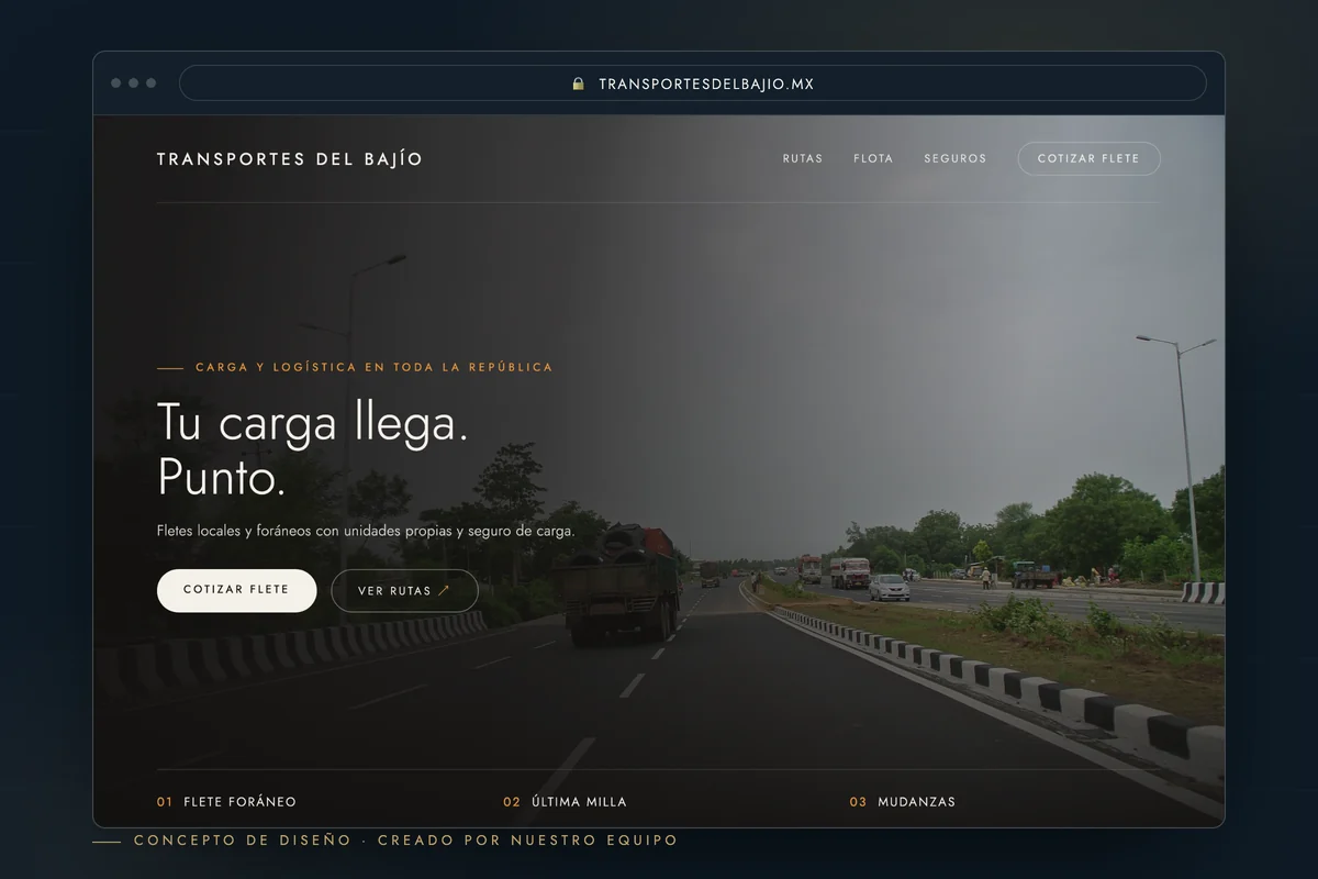 Ejemplo de página web para transportistas — concepto de diseño creado por creatupaginaweb.mx