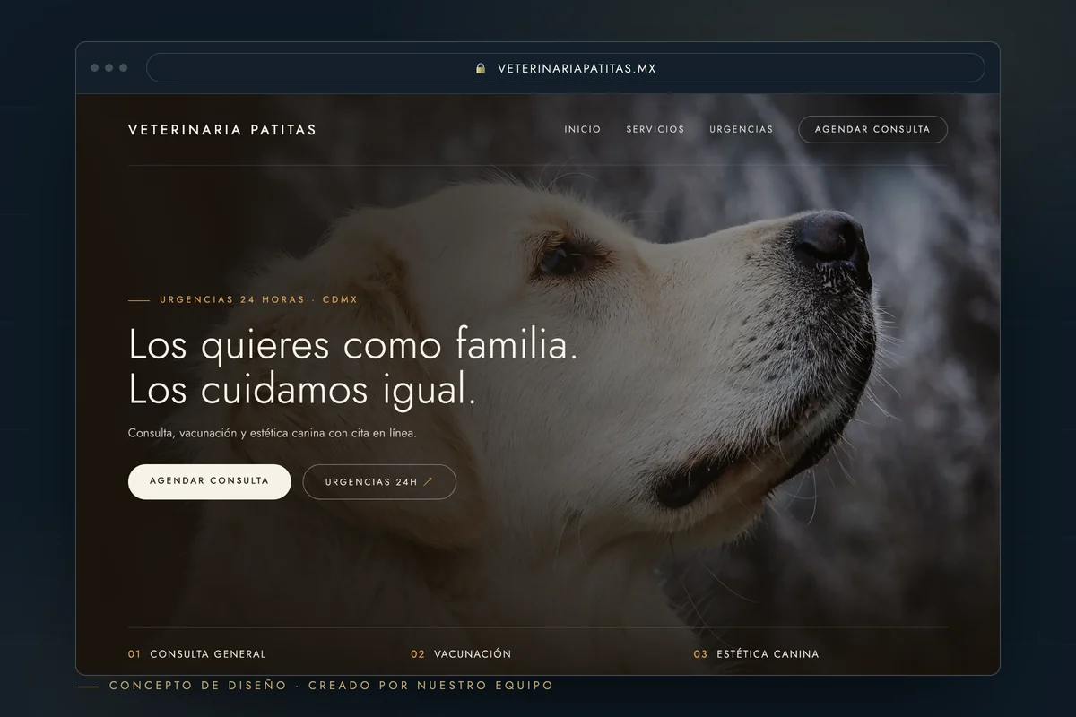 Ejemplo de página web para veterinaria — concepto de diseño creado por creatupaginaweb.mx