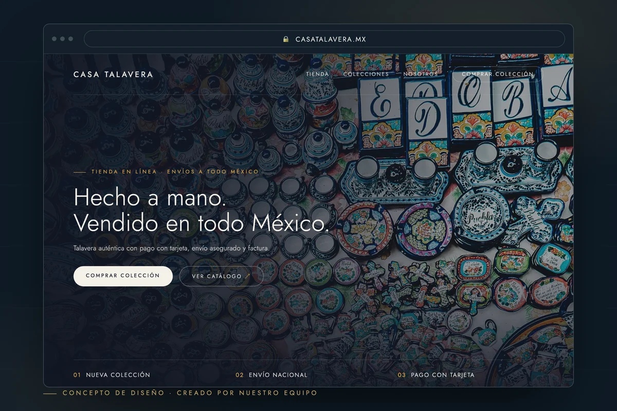 Ejemplo de tienda Shopify profesional — concepto de diseño creado por creatupaginaweb.mx